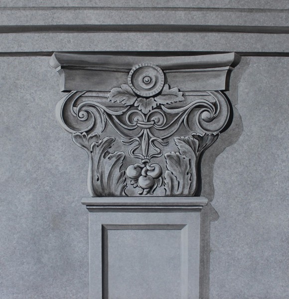 Detailarbeit an einer farbig gestalteten Wandfläche